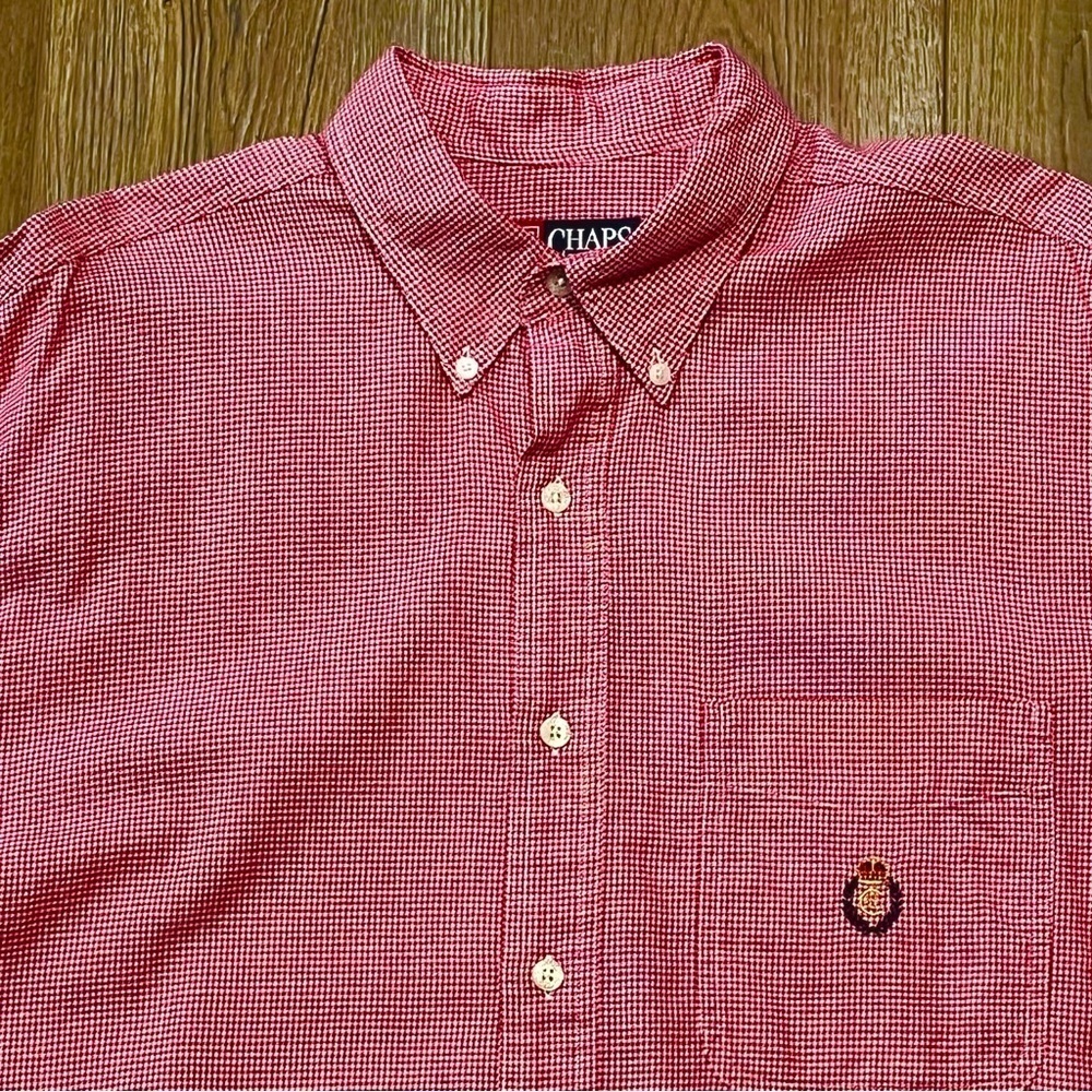 CHAPS Ralph‎ Lauren Men's L RED Checked Long Sleeve Button-Down Shirt CREST LOGO - Picture 4 of 12